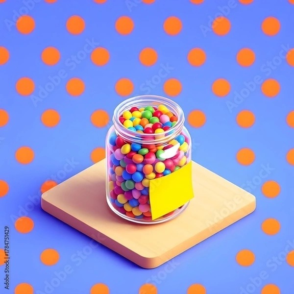 Obraz A glass jar overflowing with colorful candy rests on a wooden block against a vibrant blue background with orange polka dots, creating a fun 3D graphic