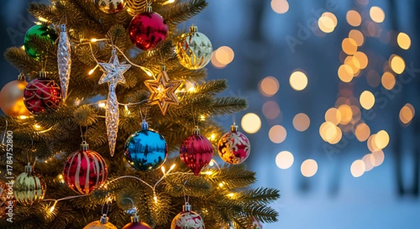 Fototapeta Festive Holiday Background: Decorated Pine Tree and Bokeh