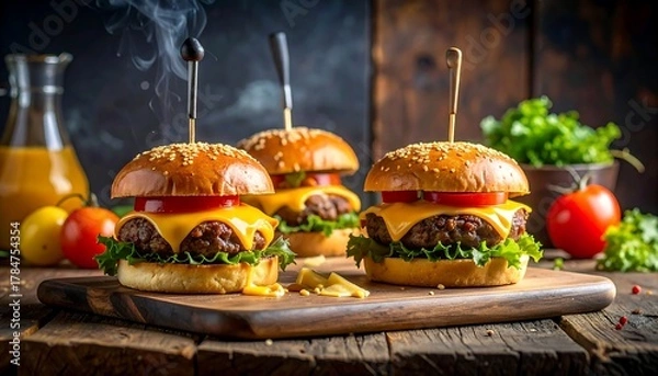 Fototapeta Three stacked burgers sit on a wooden board, steam rising, with juice, tomatoes, and greens in the background
