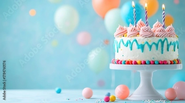 Obraz colorful birthday cake with candles on top, surrounded by balloons and confetti against a pastel blue background.