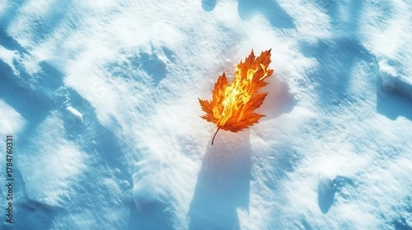 Obraz close-up of an orange maple leaf burning on the snow, creating beautiful patterns in it, dreamy effect