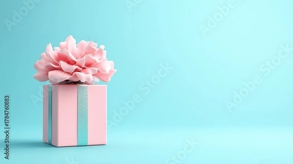 Obraz pink gift box with a flower on top, against a pastel blue background, in a minimalist style, concept for a birthday or valentine's day celebration, present concept. 
