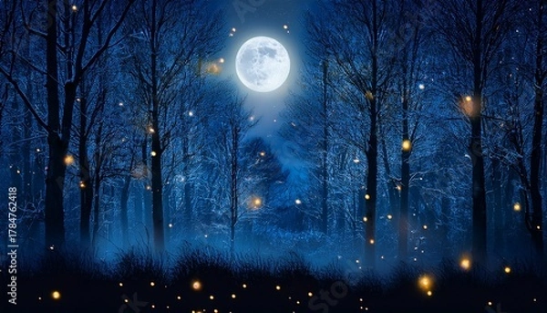 Fototapeta Dark Woods Halloween Background Forest At Night With Blue Moonlight Shining Through The Trees And Tiny Amber Fireflies