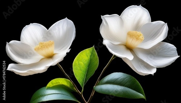 Fototapeta Two Delicate White Flowers With Green Leaves Blooming Gracefully On A Stem Background Removed