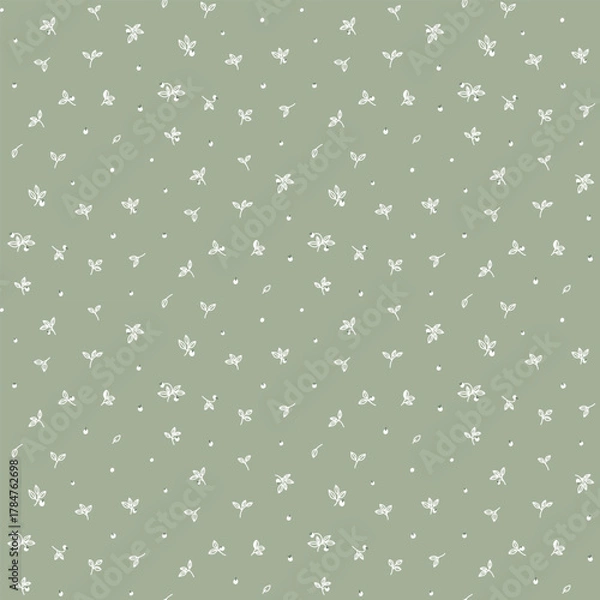 Fototapeta Tiny flower pattern, floral seamless pattern, cottagecore ditsy tile print, gentle white flower print on green background. Small flower, green tone style design for fashion, texture, fabric, wallpaper