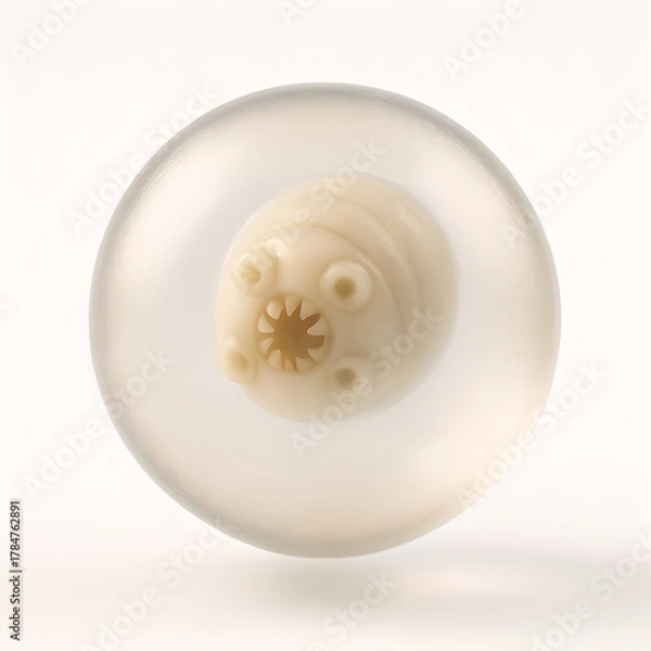 Fototapeta Photorealistic 3D anatomy of Taenia saginata scolex, four muscular suckers, unarmed rostellum, early strobila with immature proglottids emerging, semi-translucent tegument with fine micro-speculars