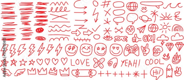 Fototapeta Collection of red hand drawn doodle elements and symbols A vibrant collection of red hand-drawn doodles, featuring various symbols, smiley faces, hearts, and text elements.