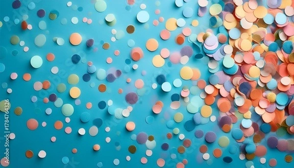 Fototapeta Confetti Scattered On The Light Blue Background Bright Dots On The Background
