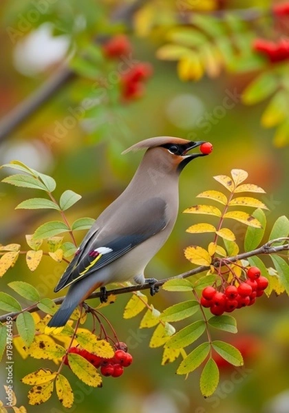 Obraz Waxwing Bird Perched on Branch with Red Berries and Autumn Leaves, Nature Wildlife Photography

