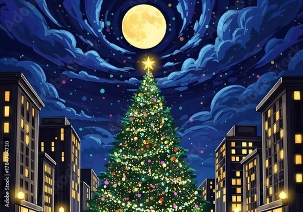 Obraz Magical Christmas Tree Lit Under Full Moon in City Night Sky, Festive Urban Holiday Scene

