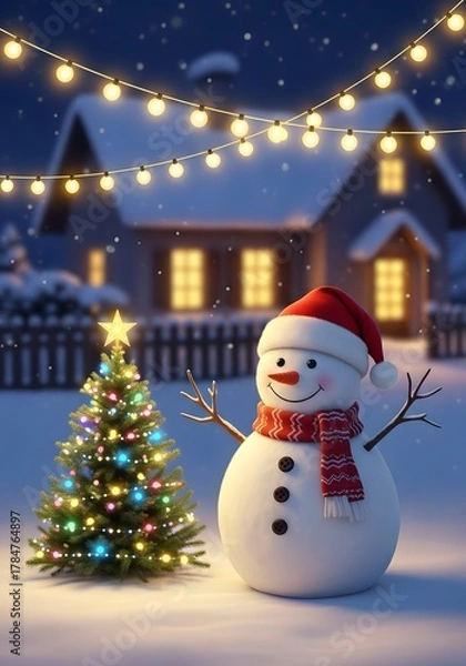 Obraz Charming Snowman with Santa Hat and Scarf Beside Lit Christmas Tree, Cozy Winter Holiday Scene

