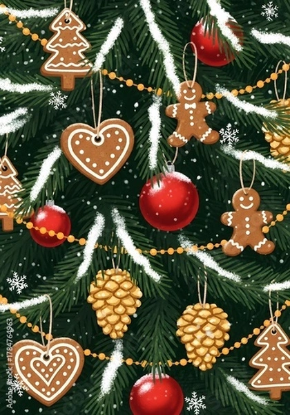 Obraz Close-Up of Christmas Tree Decorated with Gingerbread Hearts, Pinecones, and Red Baubles, Festive Holiday Scene
