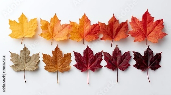 Fototapeta A vibrant collection of colorful autumn leaves arranged in a row. Each leaf showcases unique shades of red, orange, and yellow, highlighting the beauty of fall's changing foliage.