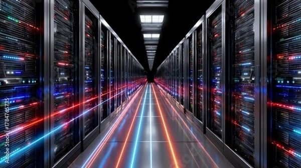 Obraz A striking view of a modern data center with illuminated server racks