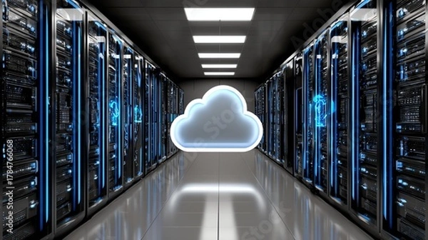 Obraz A modern data center showcasing high-tech server racks lined up in a corridor, illuminated by vibrant blue lights