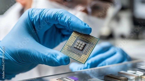 Obraz A researcher in a lab examines a microprocessor with precision