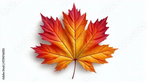 Fototapeta A vibrant and colorful autumn maple leaf with shades of orange, red, and yellow. Ideal for seasonal themes, nature projects, and decorative purposes, showcasing the beauty of fall.