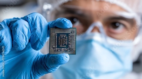 Fototapeta A scientist in a clean room holds a microprocessor, showcasing the intricate design and technology behind modern computing