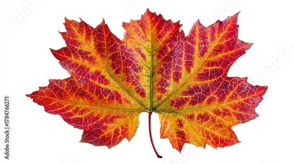 Fototapeta A vibrant maple leaf showcasing stunning autumn colors of red, orange, and yellow