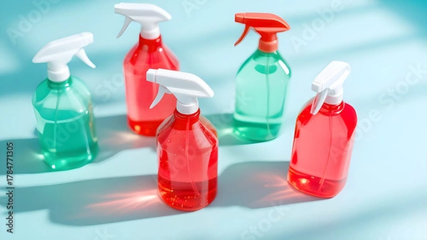 Fototapeta A dynamic array of red and green plastic spray bottles with white triggers rests on a light blue surface, ready for cleaning tasks