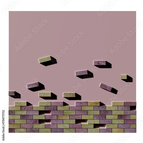 Fototapeta Falling Bricks on Pink Wall , Abstract Construction Concept
