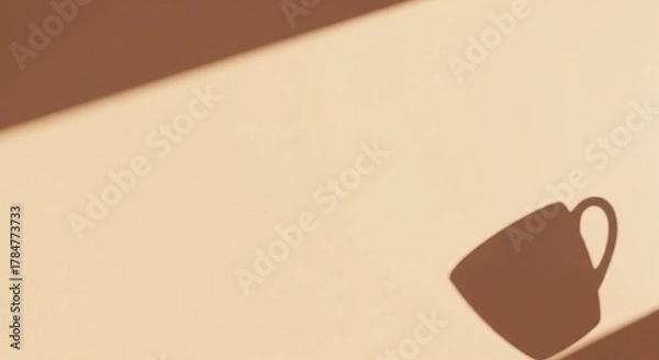Fototapeta Coffee Cup Shadow on beige background: The minimalistic image of a coffee cup shadow dancing on a clean beige surface, this composition showcases a play of light.