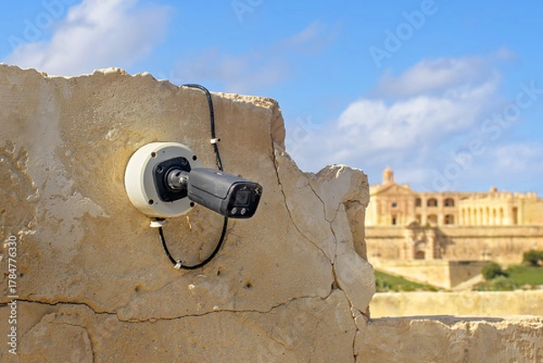 Obraz Modern surveillance camera mounted on a weathered stone wall with a historic building in the background under blue sky.