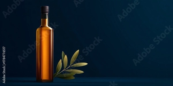 Fototapeta Elegant olive oil bottle with olive leaves studio setting product photography dark background