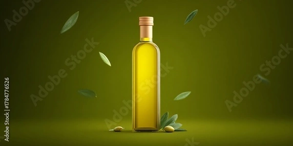 Fototapeta Elegant olive oil bottle display studio setting product photography minimalist background focus on quality