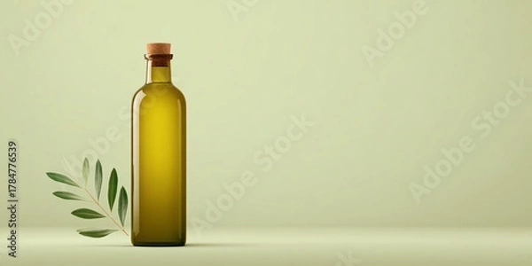 Fototapeta Olive oil bottle with olive leaves minimalist style studio setting natural light product photography