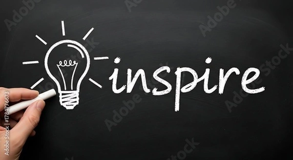 Fototapeta A hand drawing a light bulb and the word inspire on a chalkboard with chalk