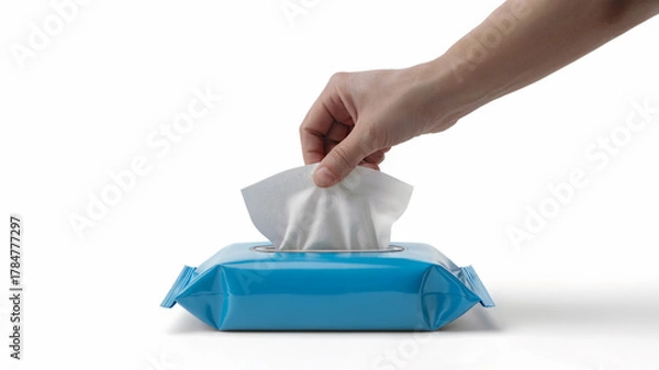Obraz Hand Pulling Wet Wipe from Blue Package on White Background