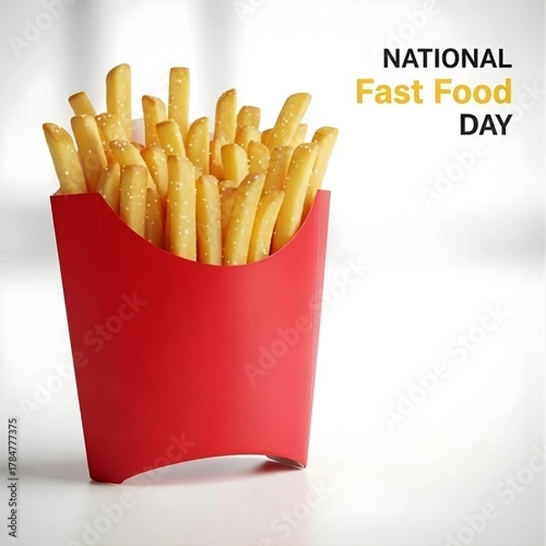Obraz Crispy Golden French Fries in Red Container for National Fast Food Day