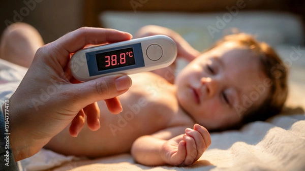 Obraz Parent Checking Baby’s Temperature with Digital Thermometer