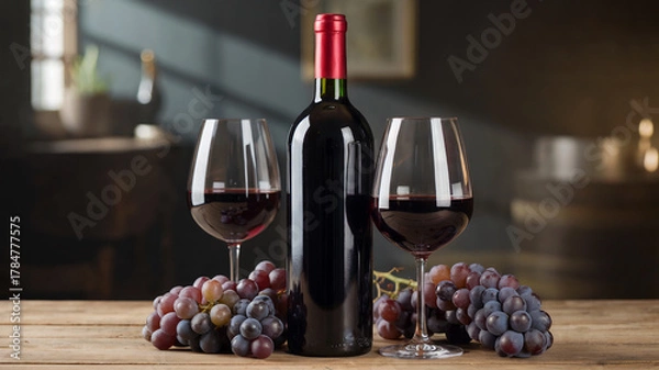 Obraz Red Wine Bottle and Glasses with Grapes on Wooden Table