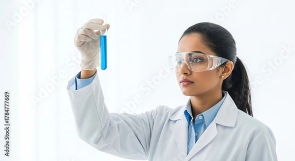 Obraz Woman scientist in lab coat examining blue liquid in test tube medical research science experiment analysis