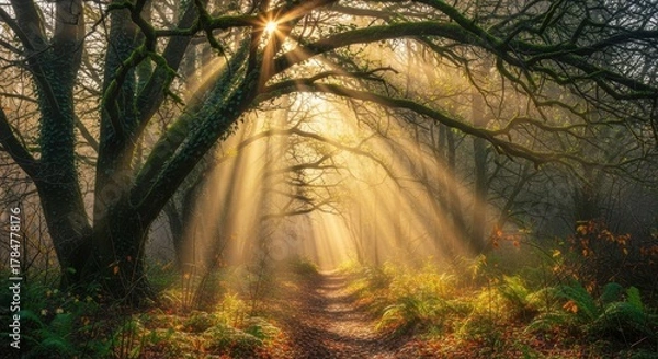 Obraz Sunbeams through the Woods A Mystical Forest Path at Dawn