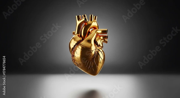 Fototapeta Gleaming golden anatomical heart sculpture floats on reflective surface anatomy human