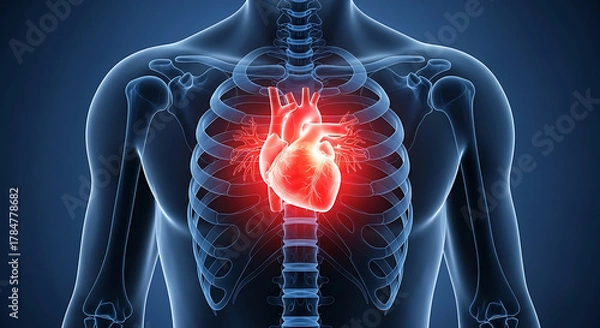 Obraz Glowing red human heart within a translucent blue rib cage and skeletal structure body anatomy