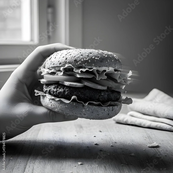 Fototapeta Vegan burger with beetroot patty, lettuce, avocado, and tomato on a whole wheat bun