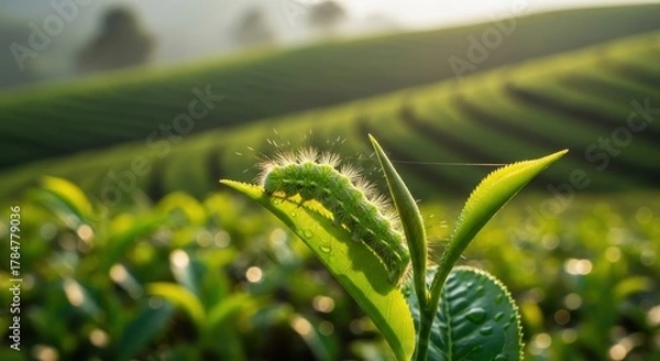 Obraz A vibrant green caterpillar, sparkling with dew, rests peacefully on a fresh tea leaf, bathed in the gentle glow of morning sun across a lush tea plantation