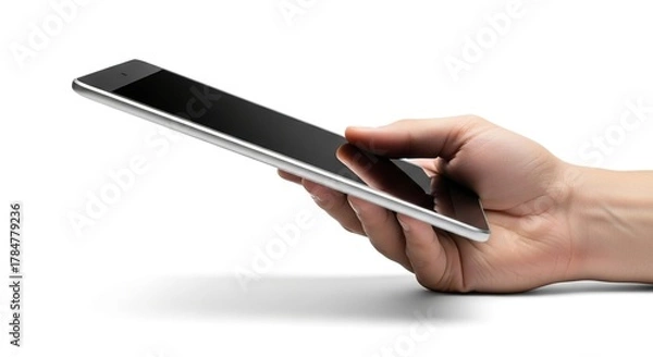 Fototapeta Hand holding tablet device for digital reading and mobile app usage on white background for technology