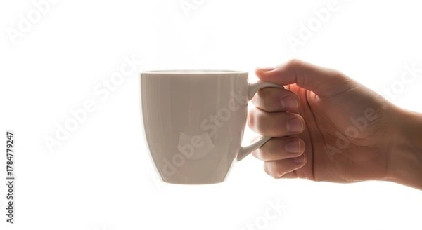 Obraz White coffee mug mockup held by hand on white background for hot drink or beverage design template stock photo