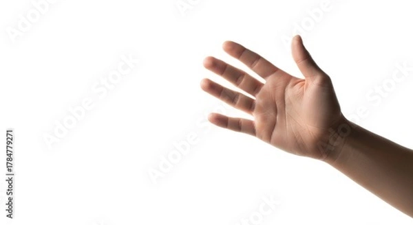 Obraz Isolated hand reaching out on white background stock photo for medical or gesture illustration use case