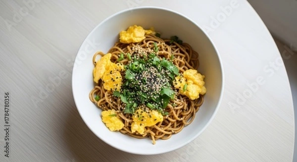 Obraz A delicious bowl of savory Asian noodles topped with fluffy scrambled eggs, fresh chopped scallions, and toasted sesame seeds