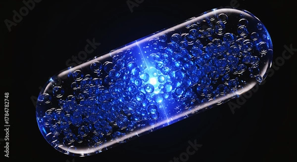 Obraz Transparent capsule filled with glowing blue bubbles and light pill medicine