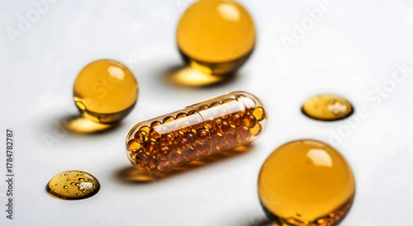 Fototapeta Transparent capsule filled with small amber beads and surrounding liquid droplets pill supplement