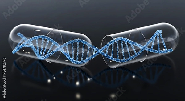 Obraz Transparent capsule revealing blue D N A helix on dark reflective surface image