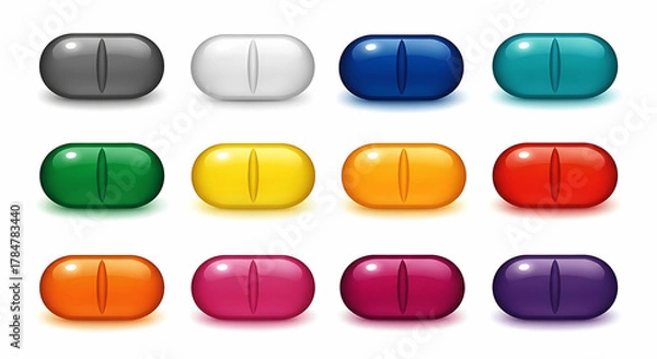 Obraz Twelve colorful oval pills with a dividing line arranged in three rows medicine capsule