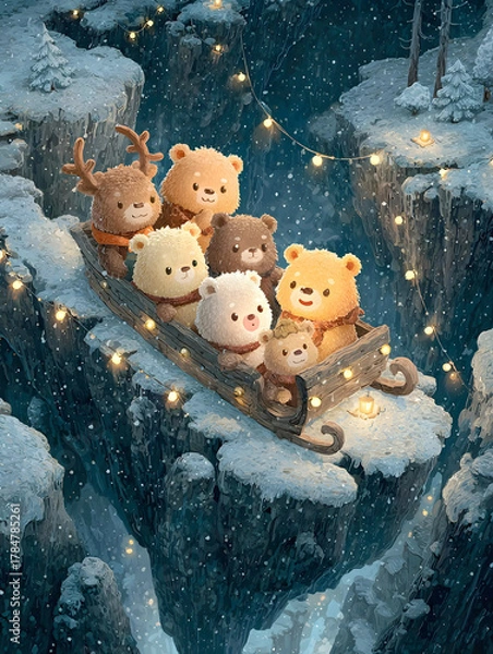 Fototapeta A group of cute teddy bears and a reindeer bear ride a sled down a snowy cliff illuminated by Christmas lights in a charming winter illustration